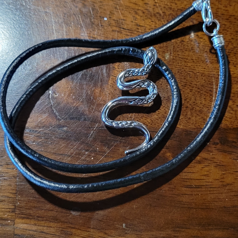 Men's Silver Snake Pendant on Black Leather Cord
